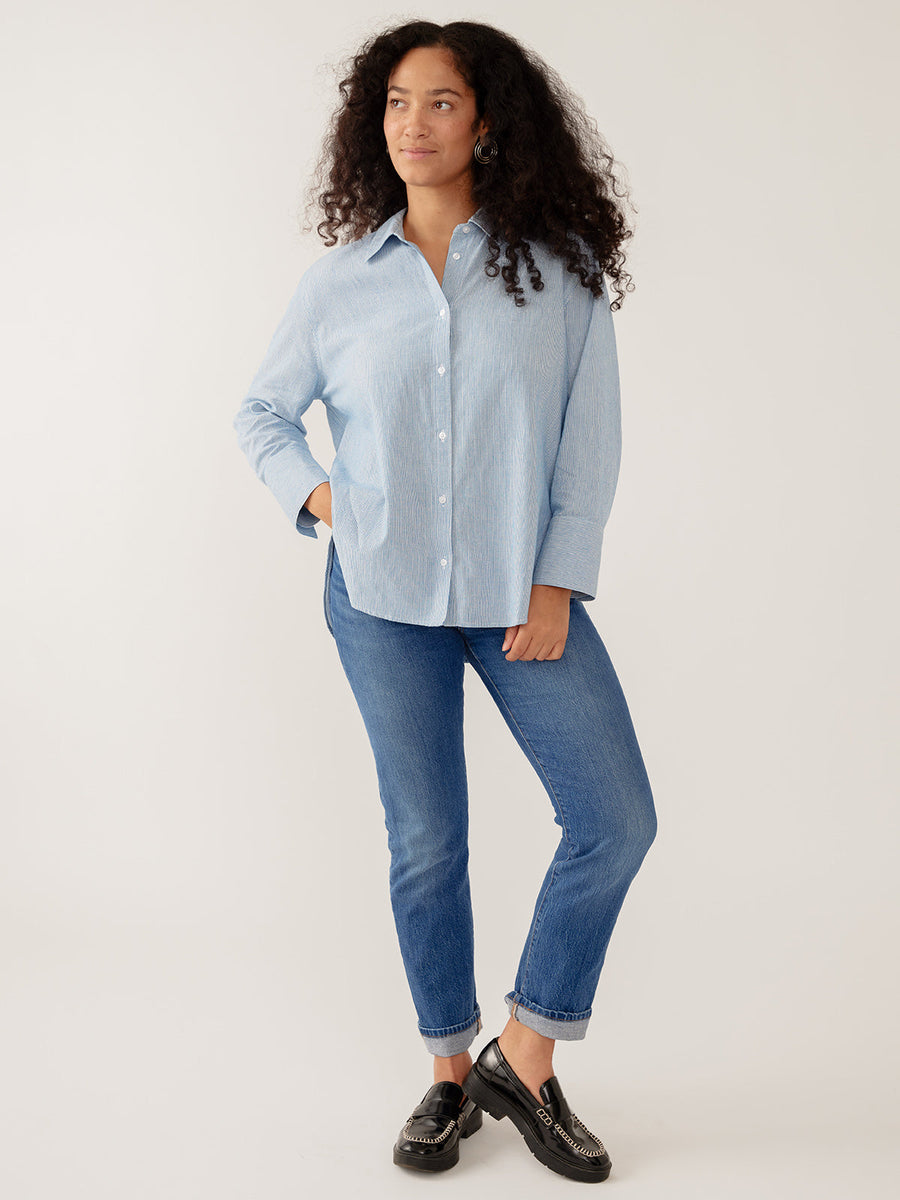 Mata Traders Mae Oversized Top in Blue Stripe Linen Cotton - Size Inclusive  women's clothing