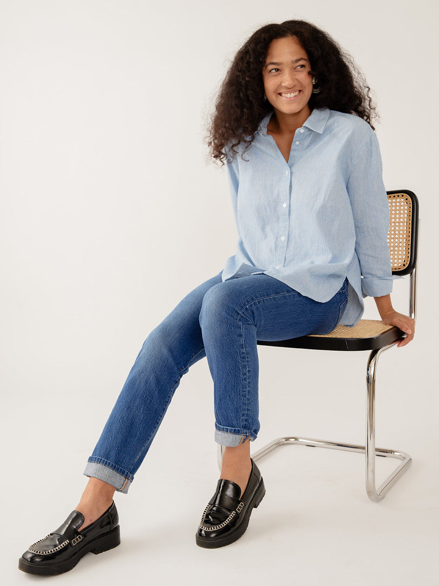 Mata Traders Mae Oversized Top in Blue Stripe Linen Cotton - Size Inclusive  women's clothing