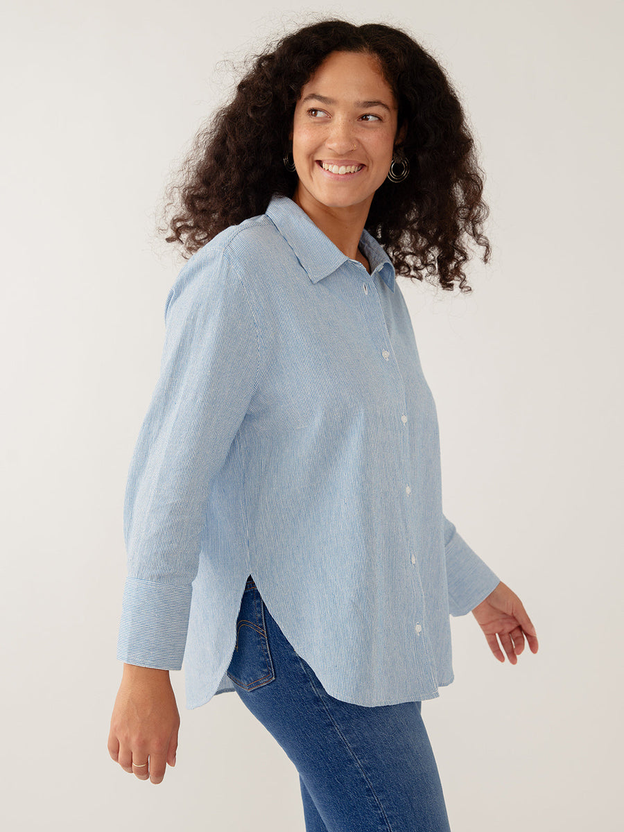 Mata Traders Mae Oversized Top in Blue Stripe Linen Cotton - Size Inclusive  women's clothing