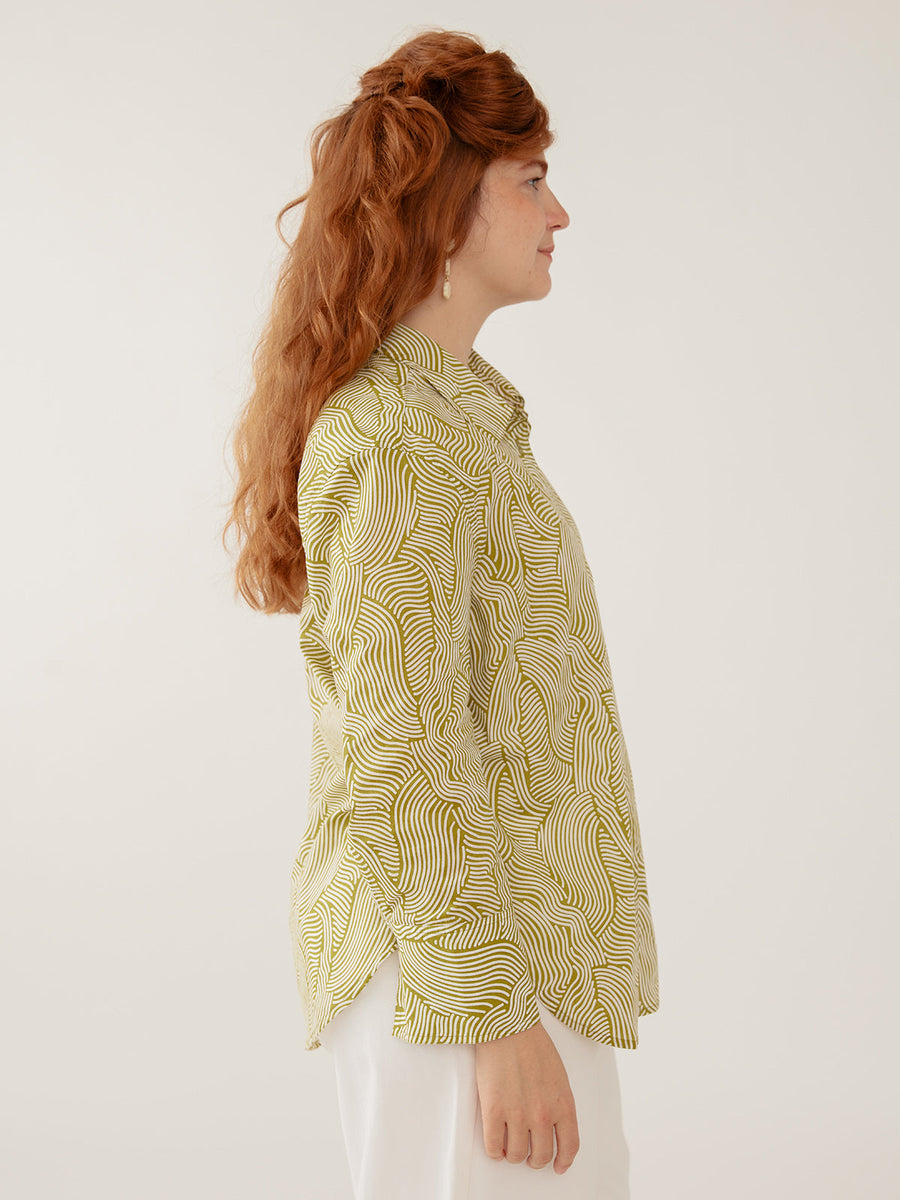 Mata Traders Mae Oversized Shirt in Waves Green - Women size inclusive  - Side view