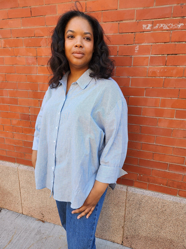 Mata Traders Mae Oversized Top in Blue Stripe Linen Cotton - Size Inclusive  women's clothing