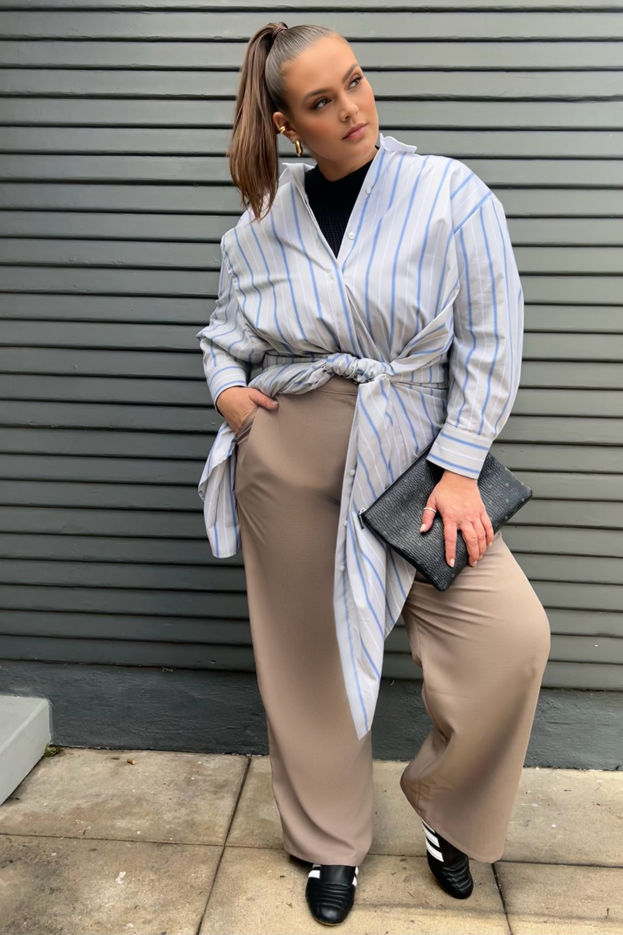 Baacal Mia Oversized Shirt Dress in Multi Stripe - plus size shirt dress, product view
