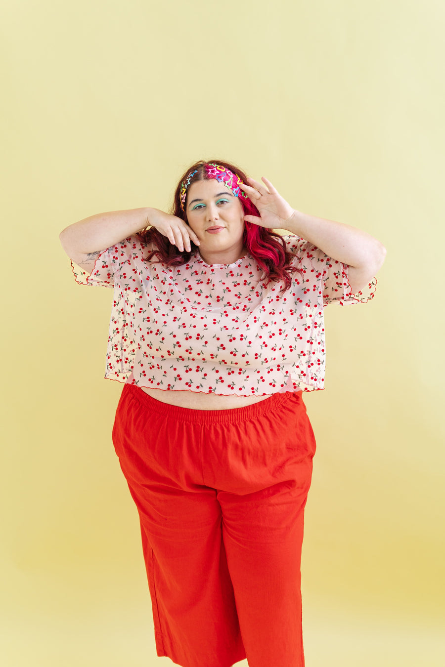 Nettle Studios Boxy Crop Top in Cherry Mesh - plus size crop top, product view