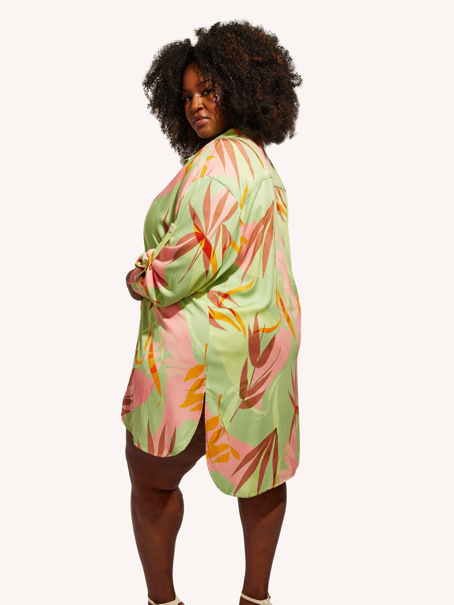 Nomads Swimwear Sol Button-Up Shirt Dress in Birds of Paradise - size inclusive swimwear on size inclusive model, product