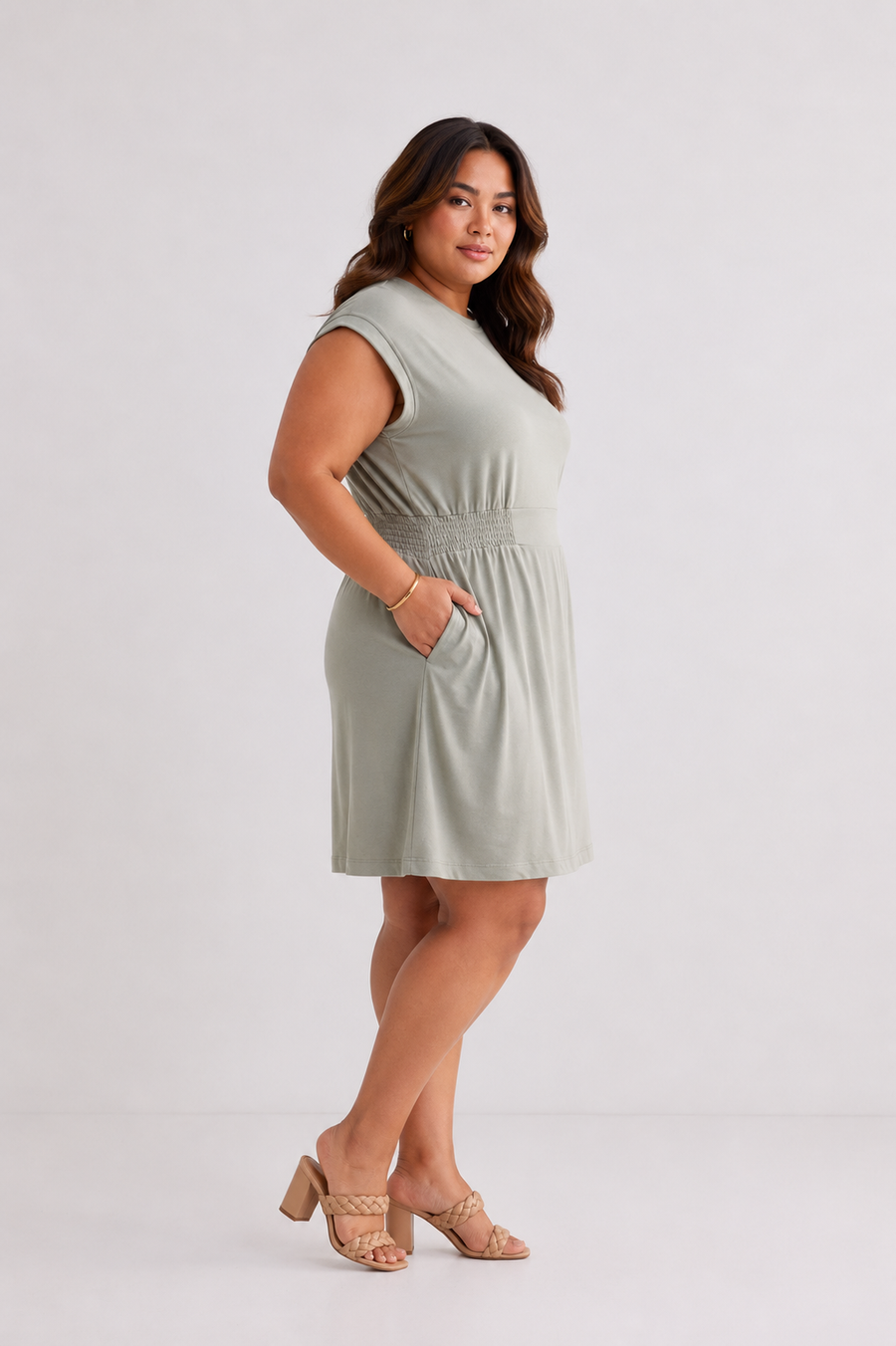 Short Dress With Smocking Side Detail in Light Olive