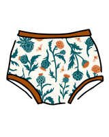 Vector outline product graphic of the Thunderpants US Longline Bra in the Robben's Artichokes teal, rust, and bee print isolated on a black background.