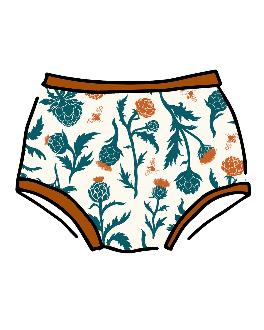 Vector outline product graphic of the Thunderpants US Longline Bra in the Robben's Artichokes teal, rust, and bee print isolated on a black background.