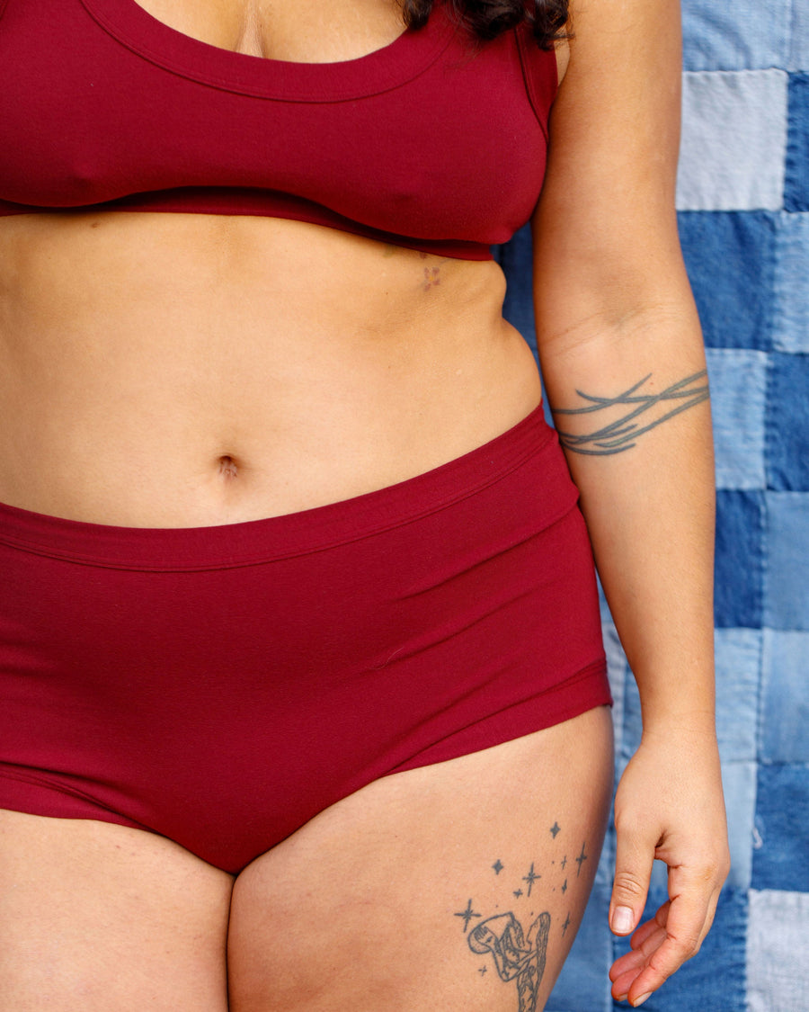 Close-up torso shot focusing on the high-rise waistband and soft fabric binding of the Tuscan Red briefs.