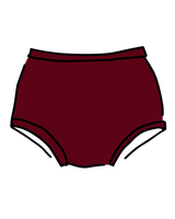 Vector outline product graphic of the Thunderpants US Original full briefs in deep Tuscan Red against a black background.