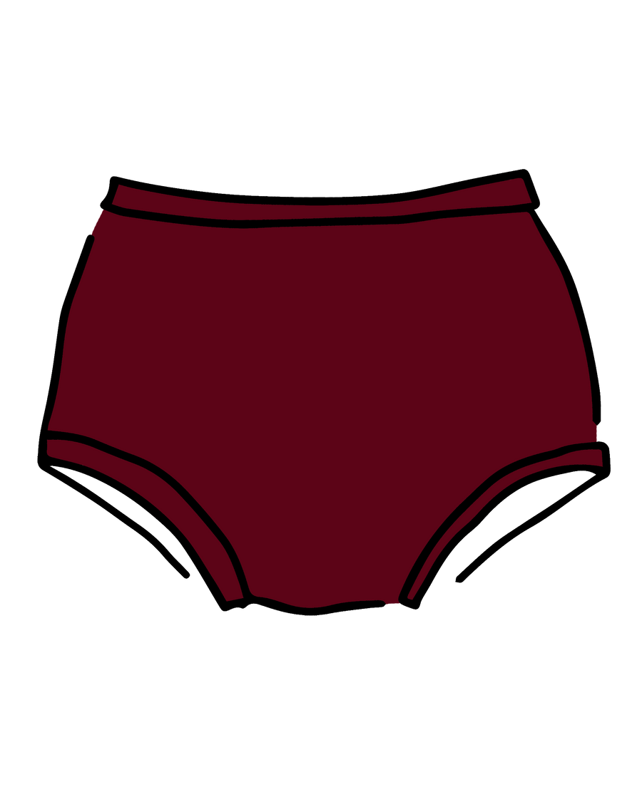 Vector outline product graphic of the Thunderpants US Original full briefs in deep Tuscan Red against a black background.