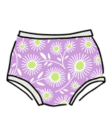 Flat lay illustration of the Thunderpants US Original Delia's Daisy full briefs against a black background.