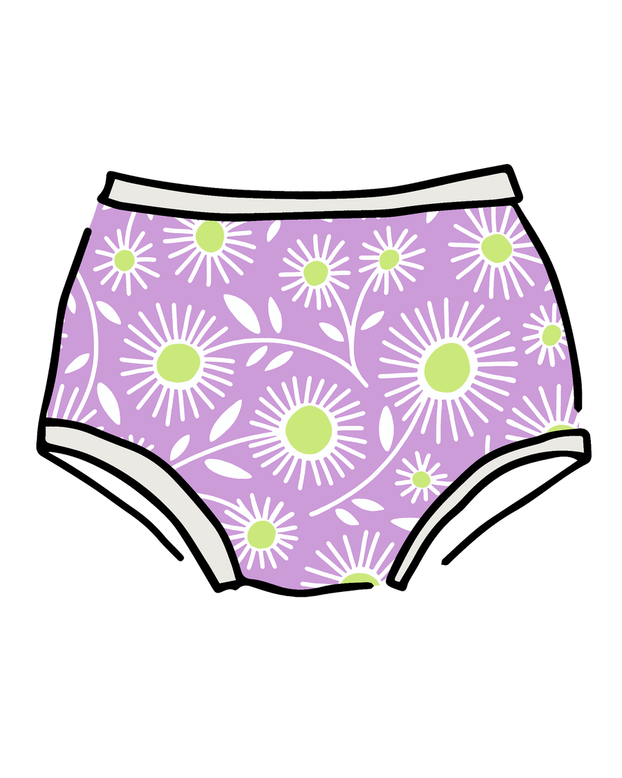 Flat lay illustration of the Thunderpants US Original Delia's Daisy full briefs against a black background.