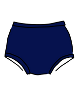 Vector outline product graphic of the Thunderpants US Original full briefs in deep blue Indigo Montoya against a black background.