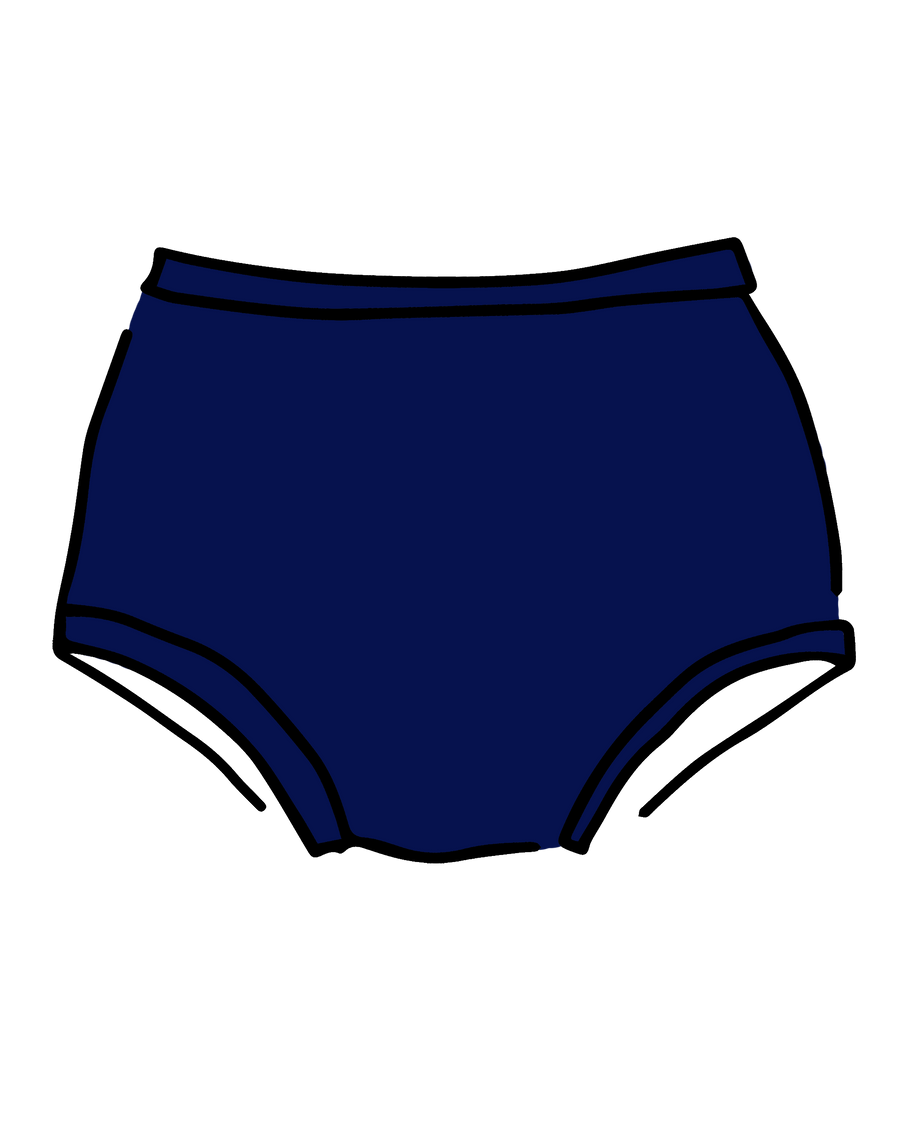 Vector outline product graphic of the Thunderpants US Original full briefs in deep blue Indigo Montoya against a black background.