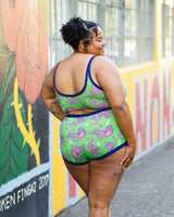 Rear view portrait showing the full back coverage fit of the Electric Tiger organic cotton briefs.