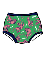 Graphic illustration of the Thunderpants US Original full briefs in the Electric Tiger green and pink print isolated on a black background.