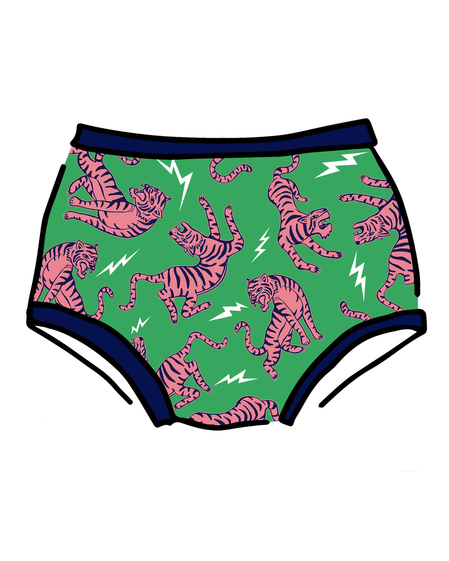 Graphic illustration of the Thunderpants US Original full briefs in the Electric Tiger green and pink print isolated on a black background.