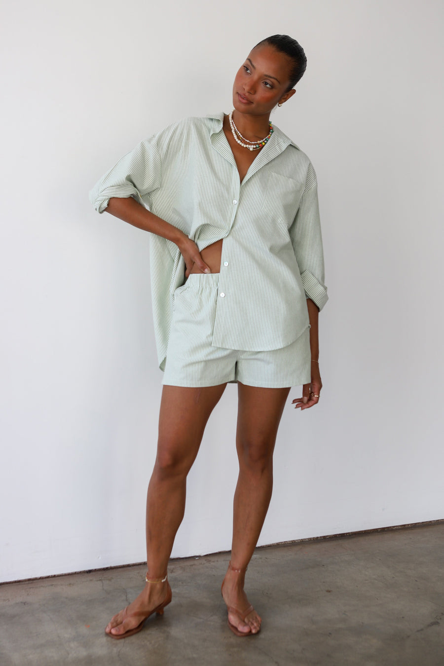 Be Idle The Pinstripe Button Down - Green - plus size garment, product view