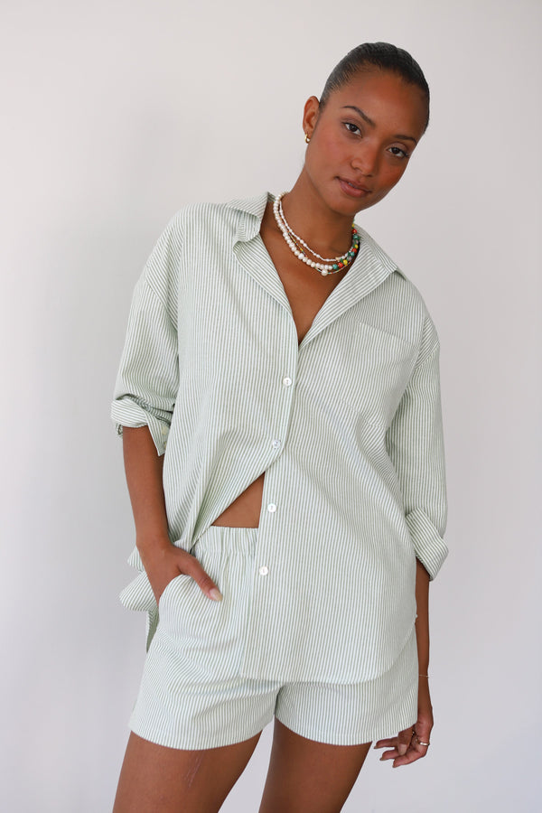 Be Idle The Pinstripe Button Down - Green - plus size garment, product view