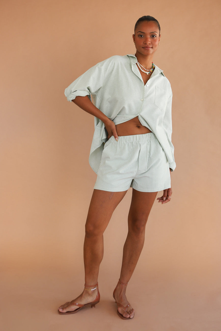 Be Idle The Pinstripe Button Down - Green - plus size garment, product view