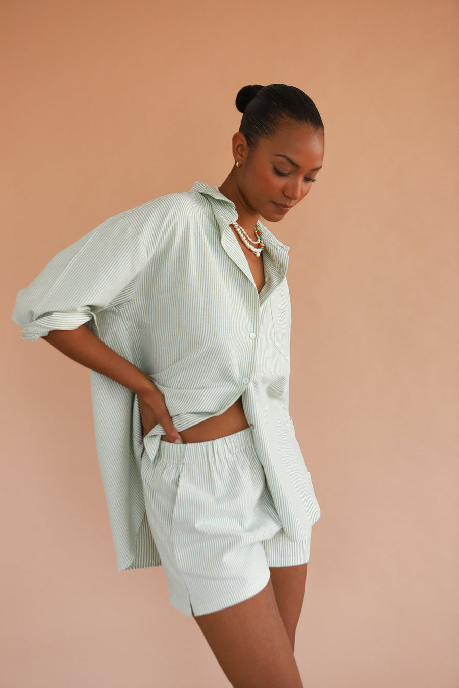 Be Idle The Pinstripe Button Down - Green - plus size garment, product view