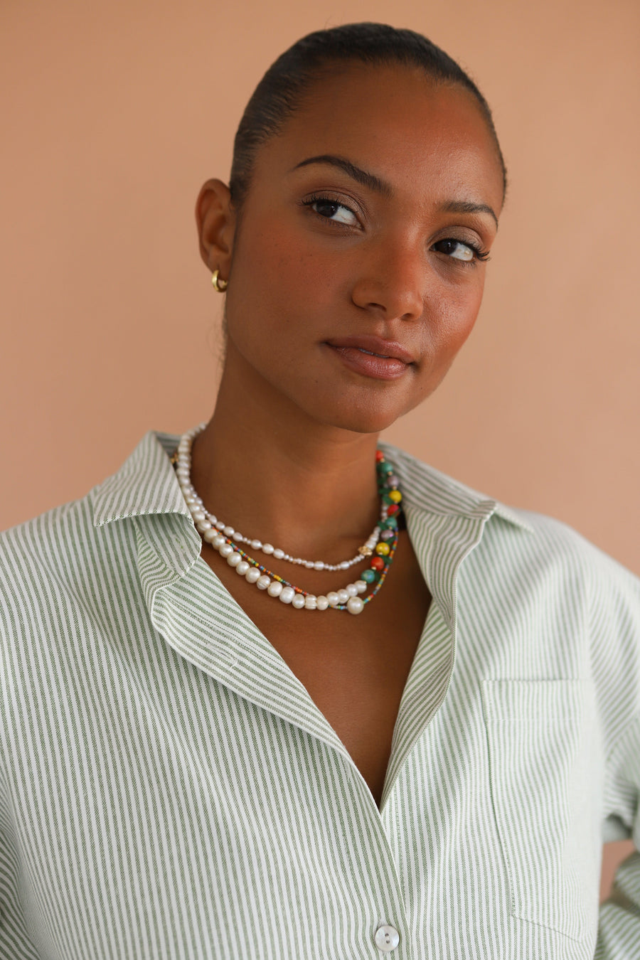 Be Idle The Pinstripe Button Down - Green - plus size garment, product view