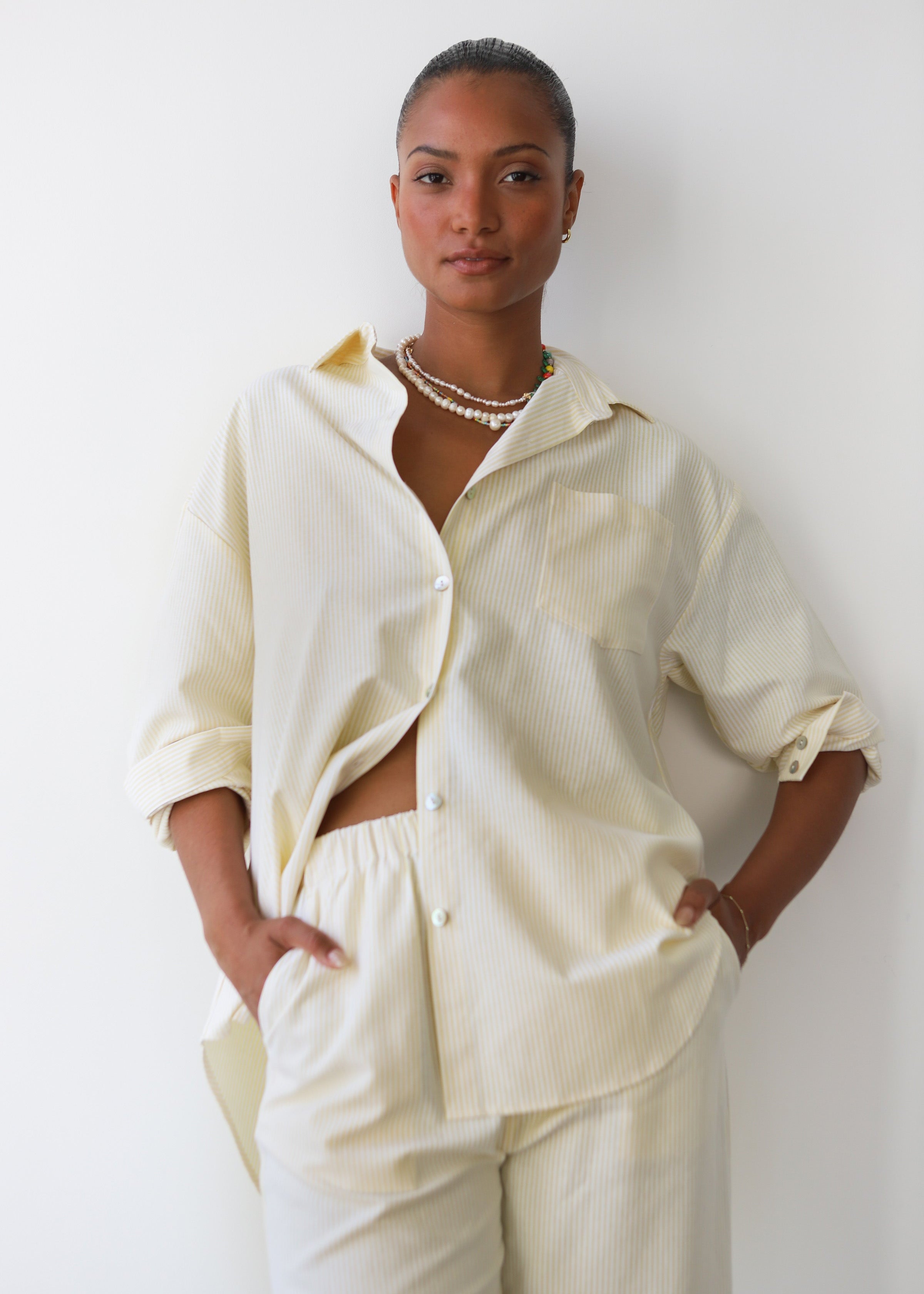 Be Idle The Pinstripe Button Down - Butter - plus size garment, product view
