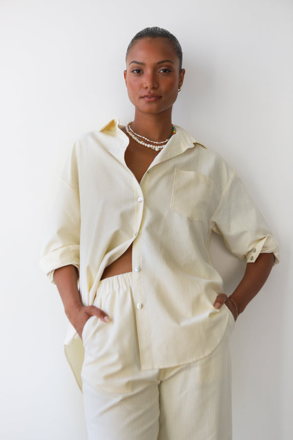 Be Idle The Pinstripe Button Down - Butter - plus size garment, product view