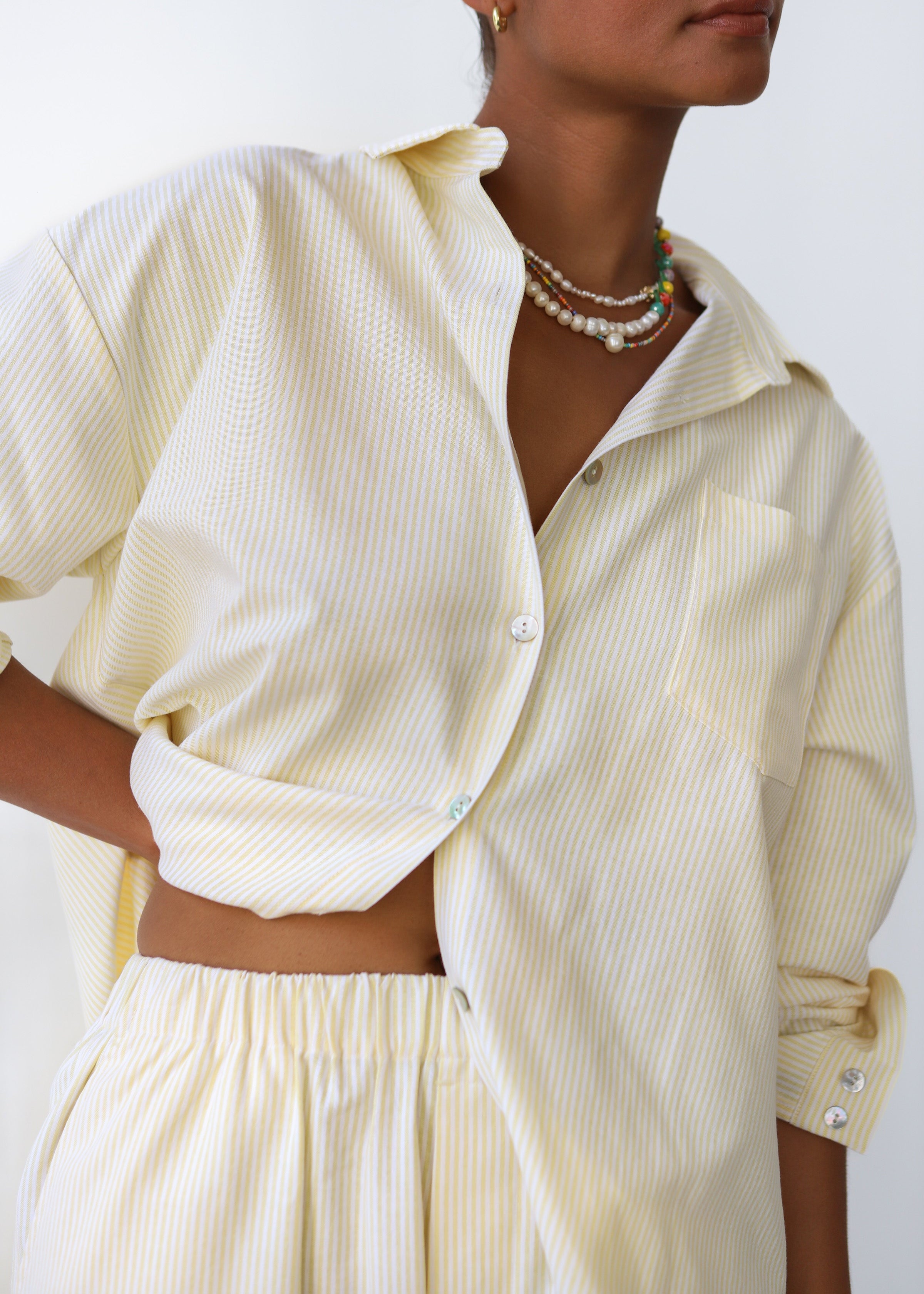 Be Idle The Pinstripe Button Down - Butter - plus size garment, product view
