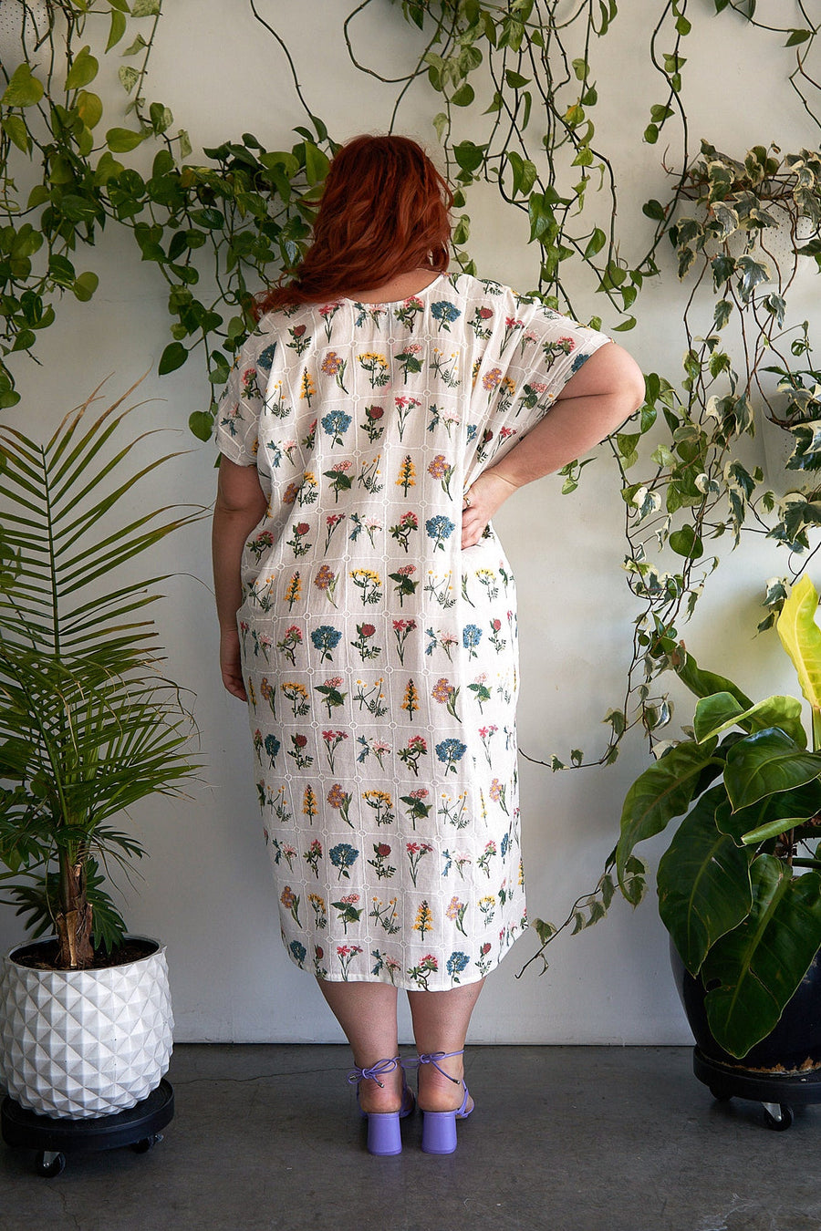 Tamara Malas Dune Dress Cotton Long cream floral print full back view on plus size model
