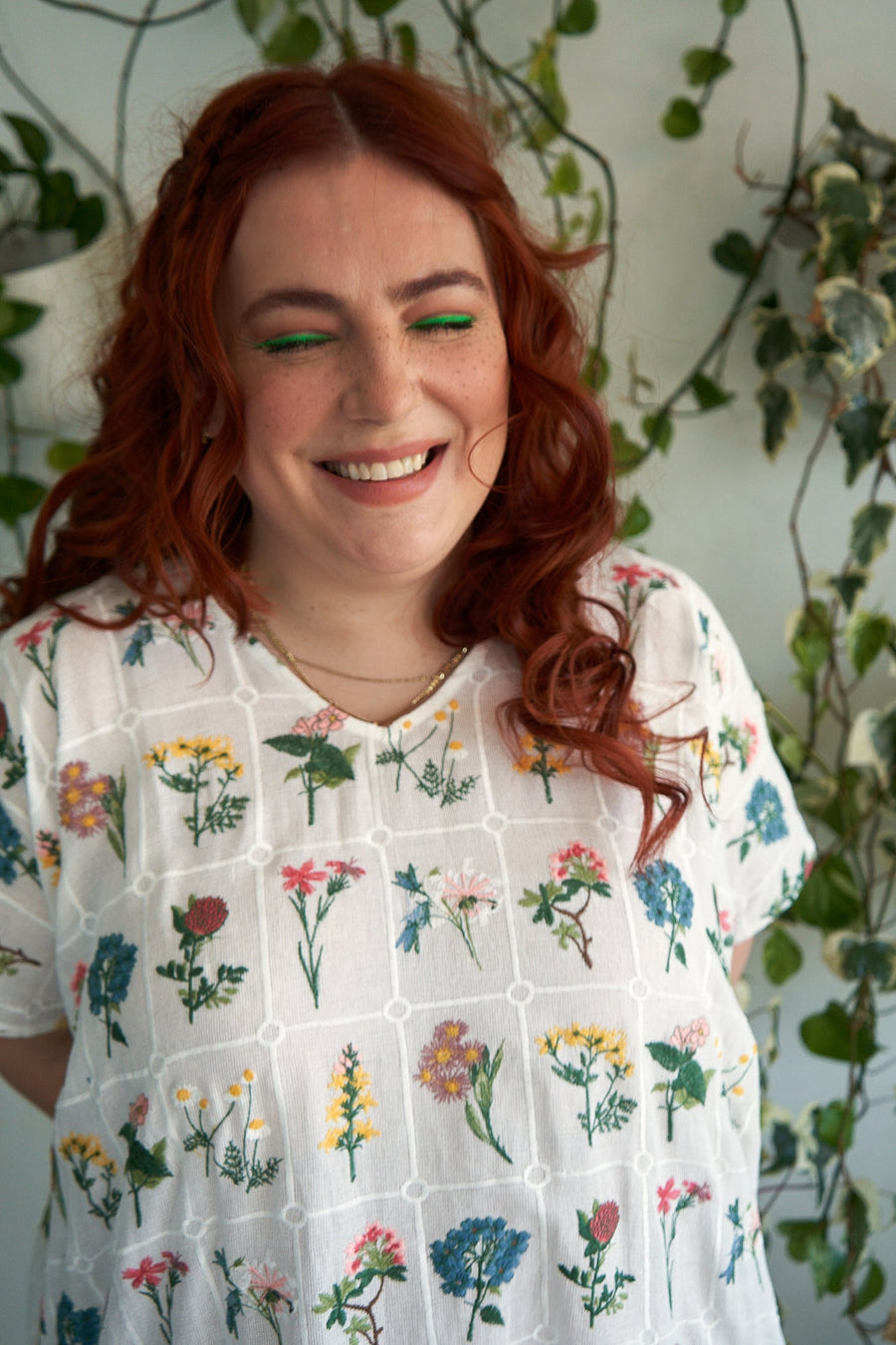 Tamara Malas Dune Dress Cotton Long cream floral print close up portrait on plus size model
