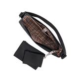 Top-down interior view of the Luna Crossbody revealing the grid-patterned lining, organizing pouches, and matching zippered pouches.