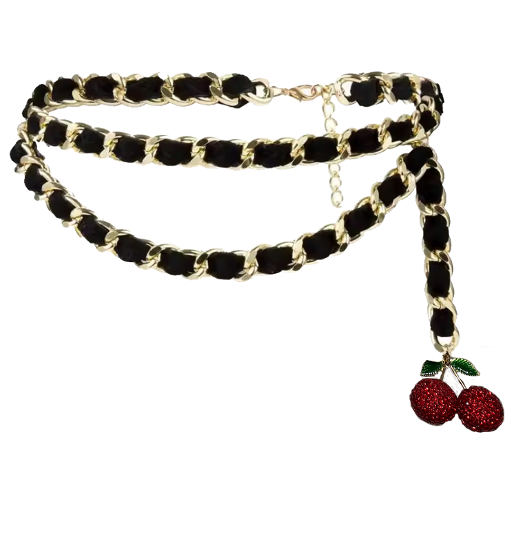 Product shot of the adjustable gold woven chain belt featuring black velvet fabric intertwining and a dangling red glitter cherry charm at the end.