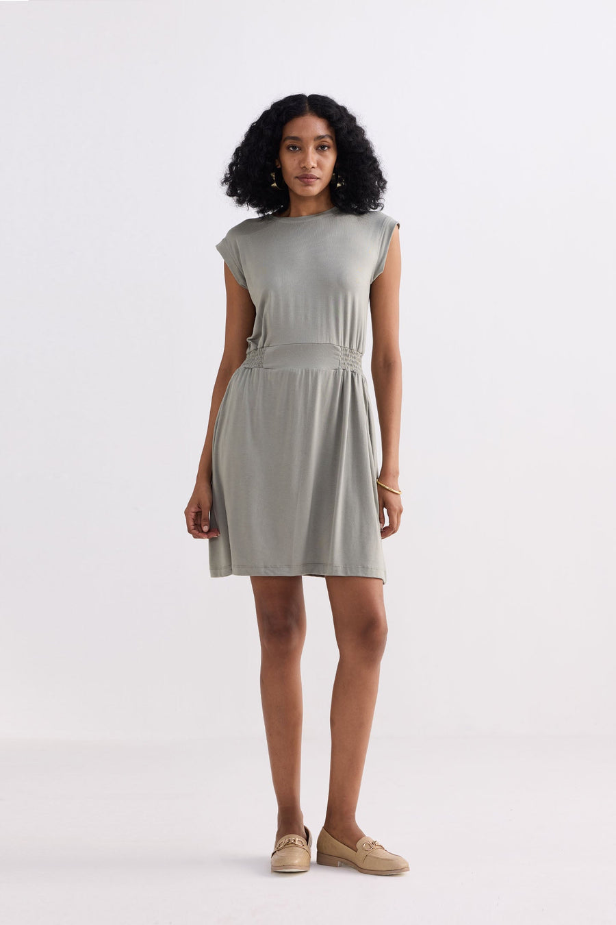 Short Dress With Smocking Side Detail in Light Olive Front