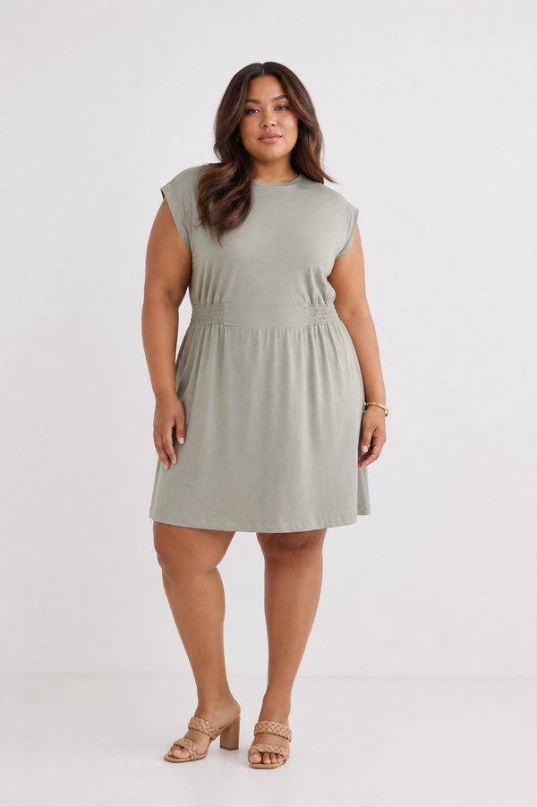 Short Dress With Smocking Side Detail in Light Olive