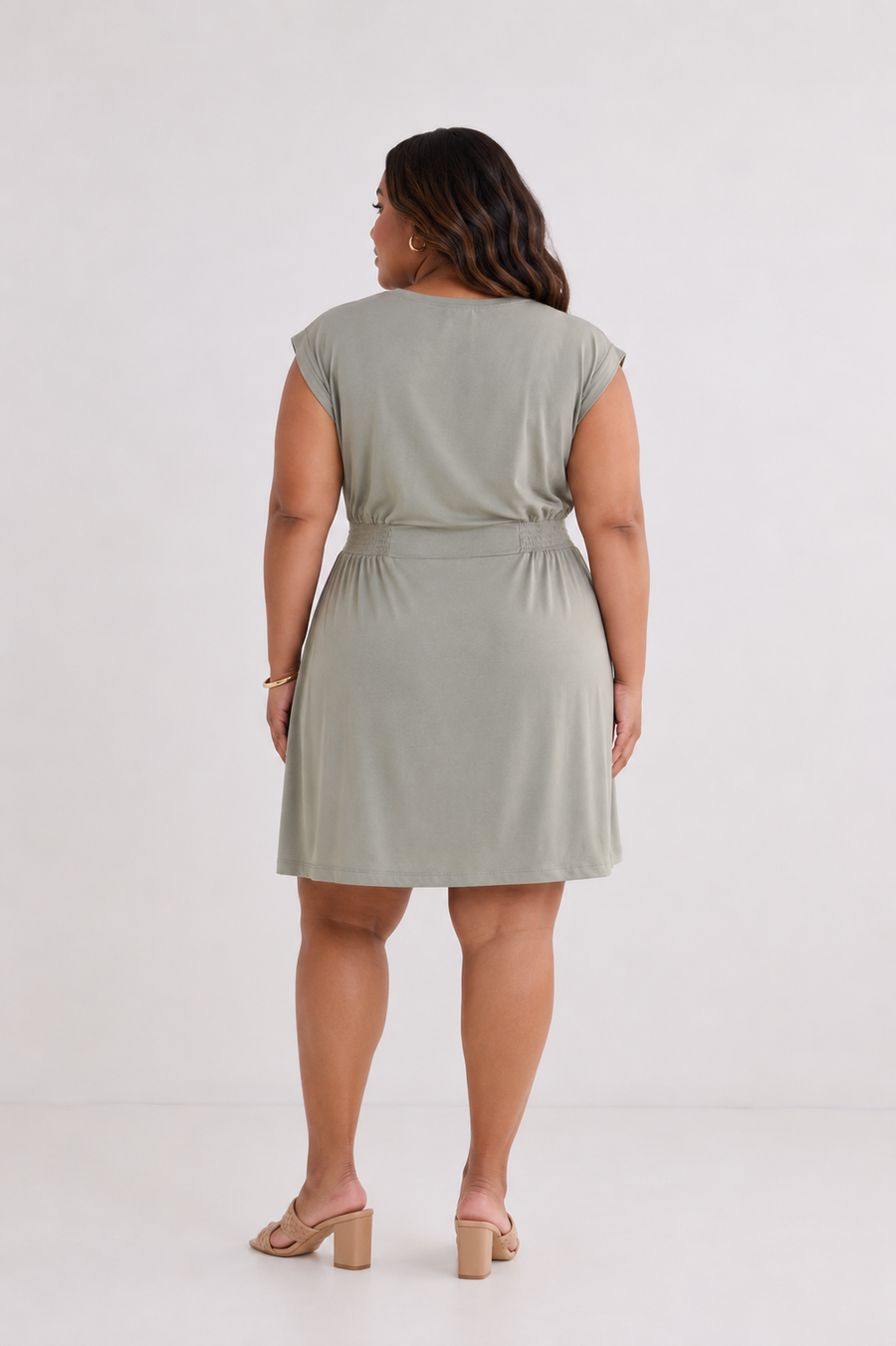 Short Dress With Smocking Side Detail in Light Olive