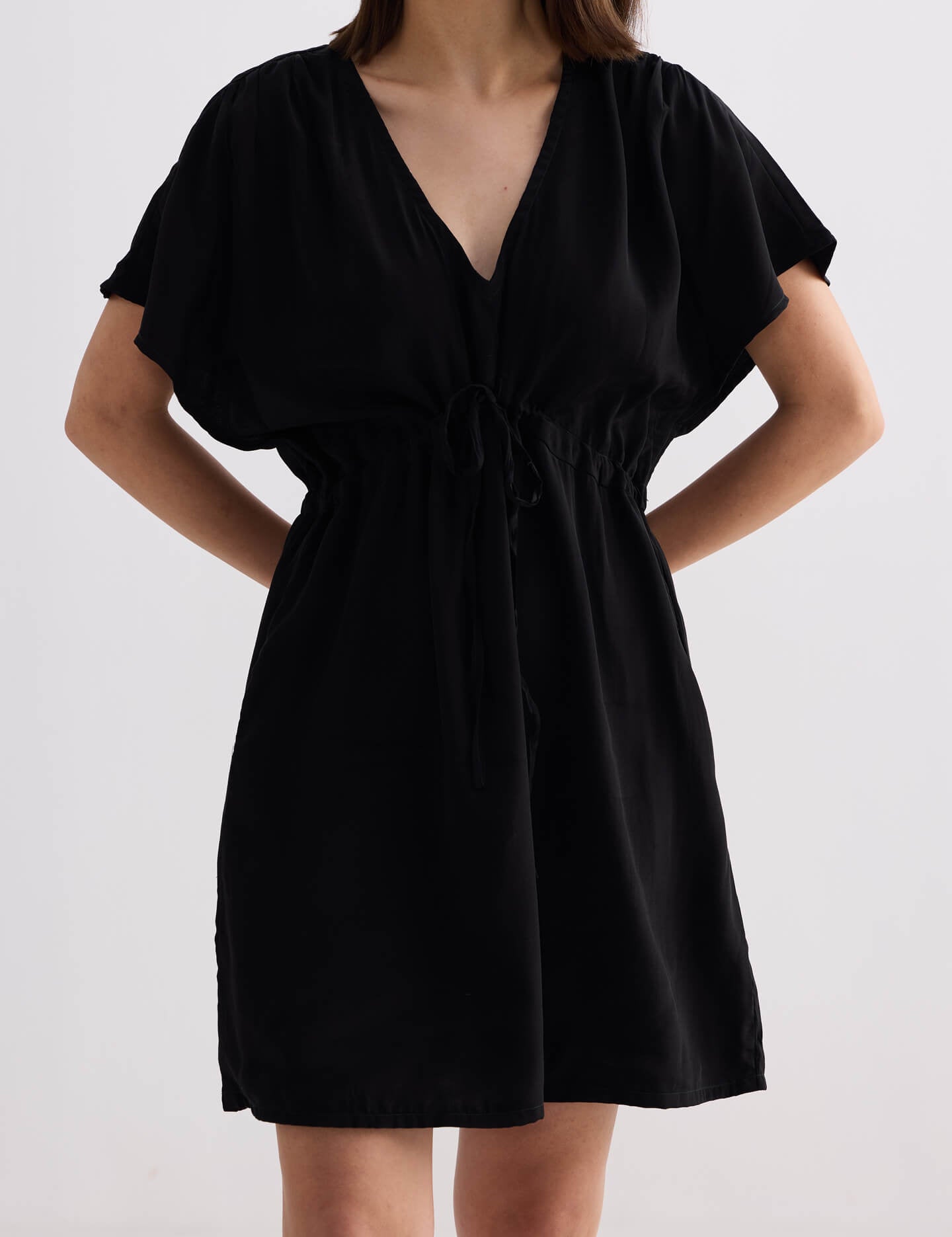 Short Gathered Dress in Black Closeup