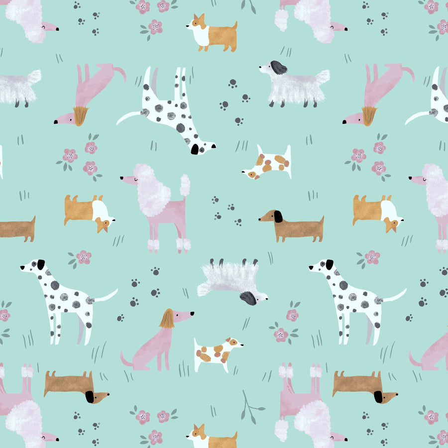Close-up pattern detail of the Retrolicious Dogs print featuring poodles, dalmatians, corgis, and dachshunds on a mint green background with small flowers.