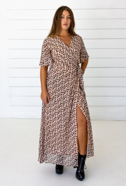Leopard Maxi Wrap Dress in Blush + Black