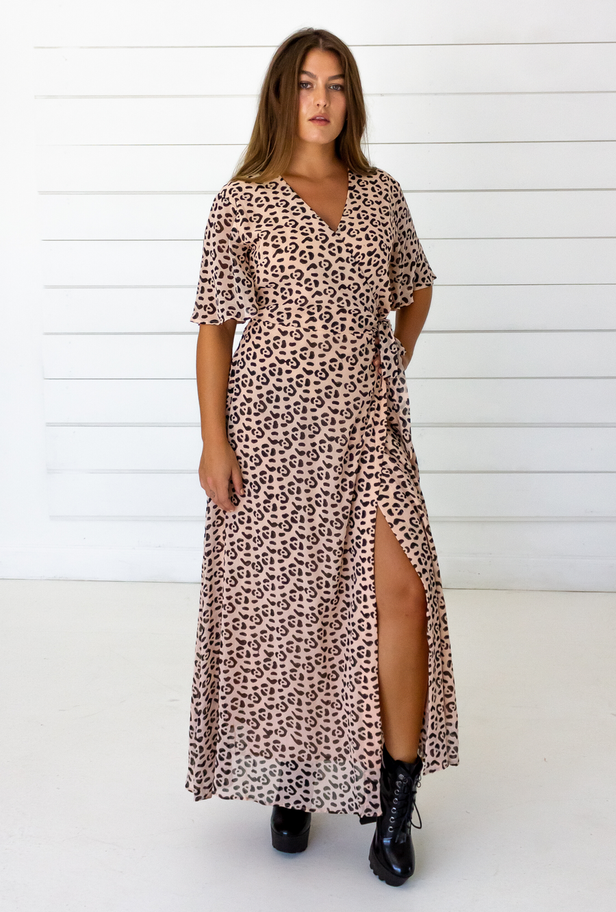 Symbology Clothing Leopard Maxi Wrap Dress in Blush + Black - plus size dress, product view