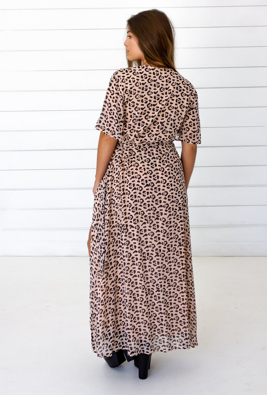 Symbology Clothing Leopard Maxi Wrap Dress in Blush + Black - plus size dress, product view