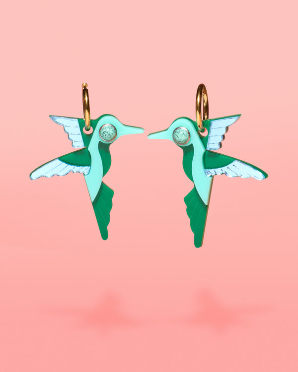 Tribeandtemple Hummingbird Hoop Earrings Green + Turquoise - handcrafted earrings