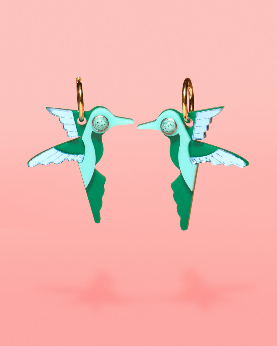 Tribeandtemple Hummingbird Hoop Earrings Green + Turquoise - handcrafted earrings