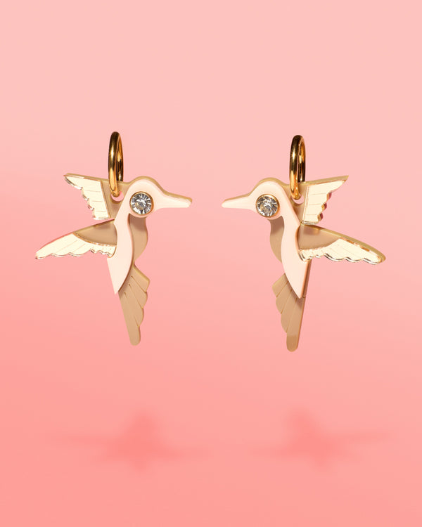 Tribeandtemple Hummingbird Hoop Earrings Beige + Gold - handcrafted earrings
