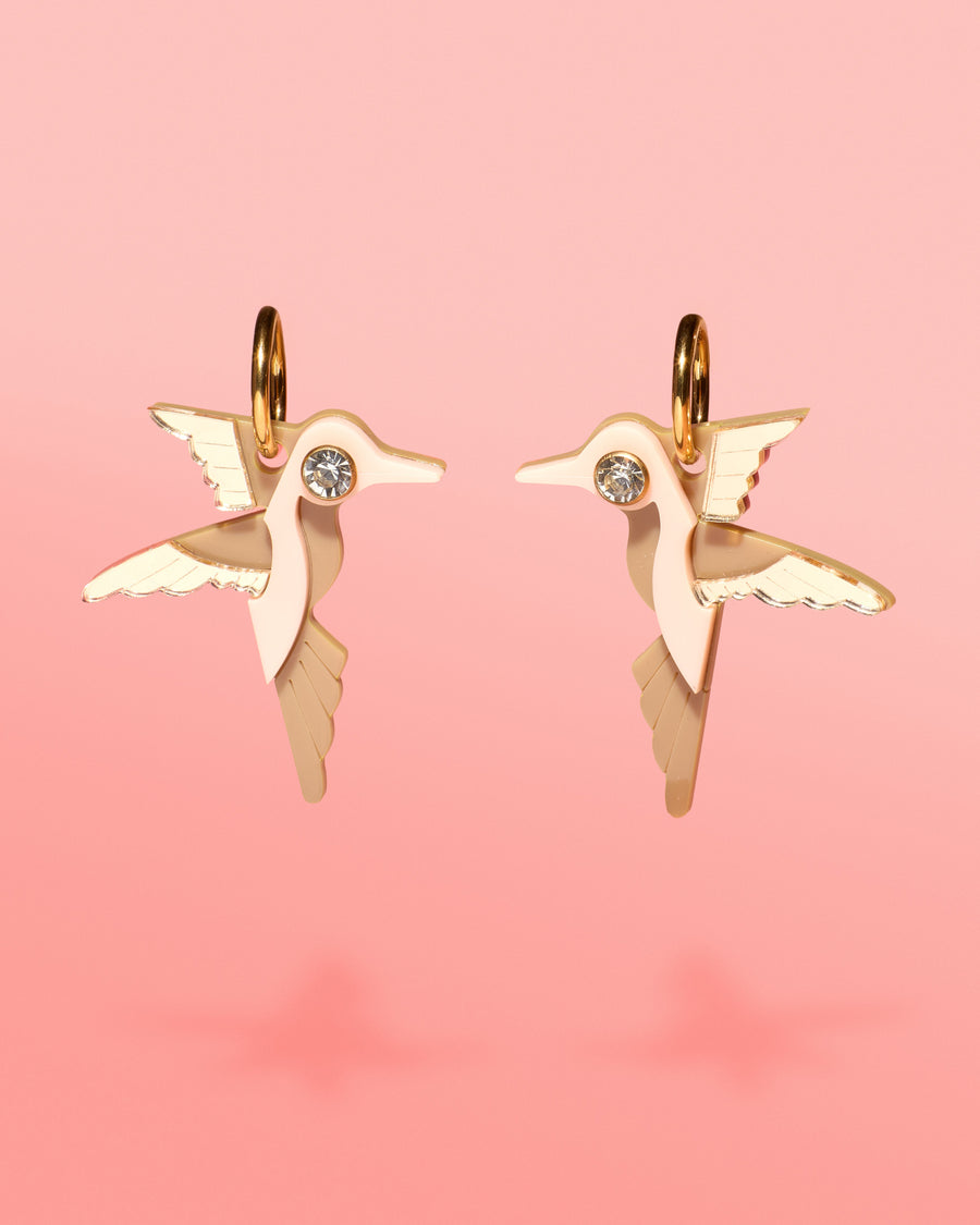 Tribeandtemple Hummingbird Hoop Earrings Beige + Gold - handcrafted earrings