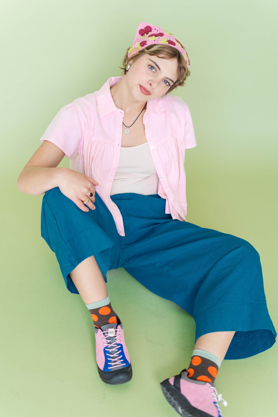 Strawberry Milk pink custom-dyed 100% linen blouse featuring a cropped, relaxed swing fit and structured chest seam flare. Lightweight summer linen shirt by Nettle Studios in a size-inclusive style.