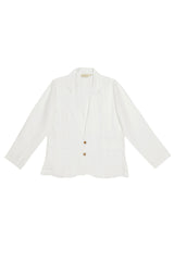 Minimalist product flat lay shot of the Reistor She's Everything Blazer in White against a solid white studio background, displaying the full front construction, collar line, and long sleeves clearly.
