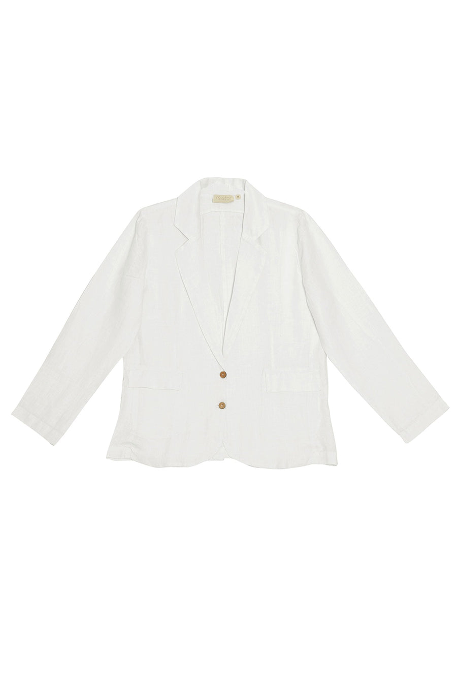 Minimalist product flat lay shot of the Reistor She's Everything Blazer in White against a solid white studio background, displaying the full front construction, collar line, and long sleeves clearly.