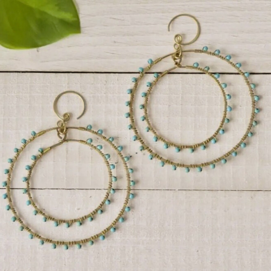 Baizaar Brass Double Hoop Stone Earring in Turquoise - handcrafted earrings