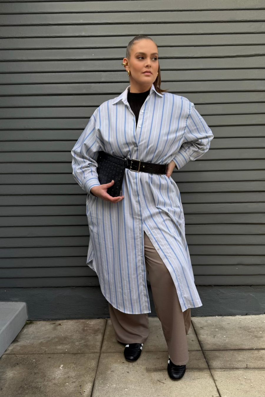 Baacal Mia Oversized Shirt Dress in Multi Stripe - plus size shirt dress, product view